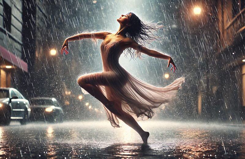 danseuse sous la pluie dans une ruelle sombre