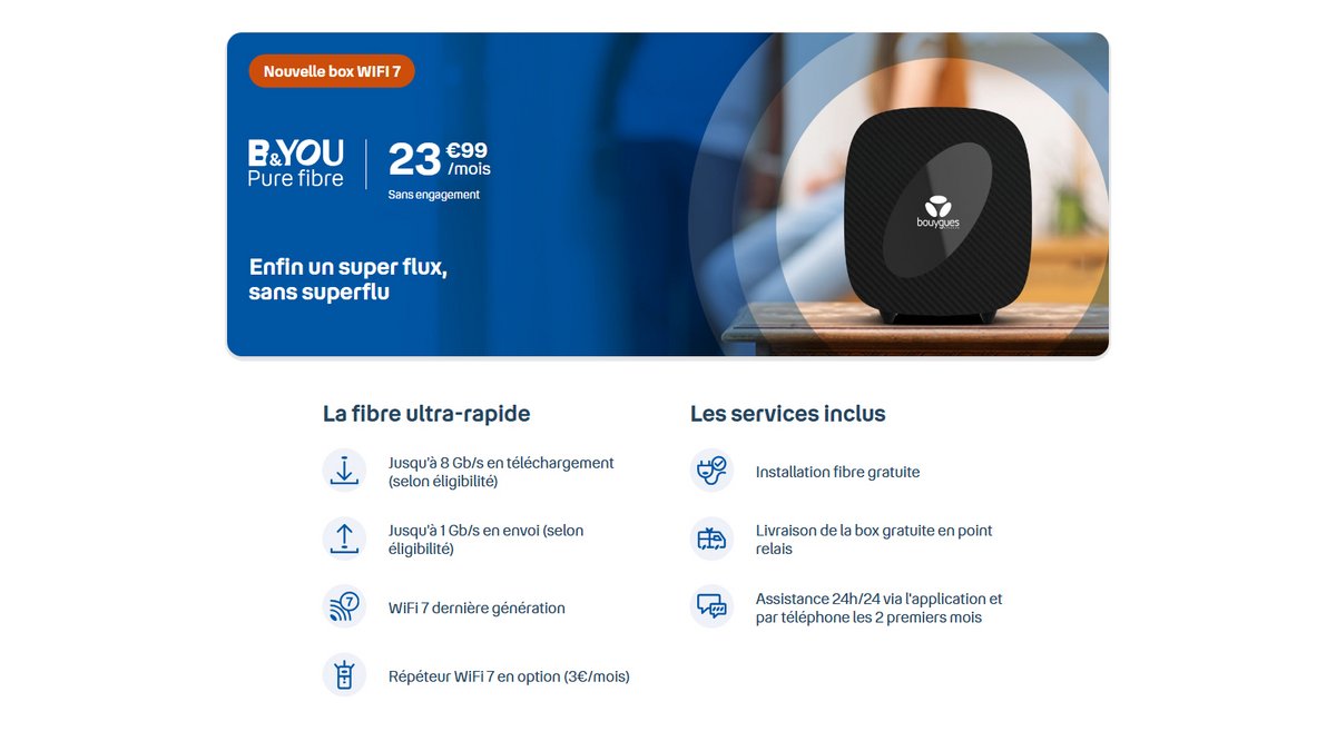 Découvrez pourquoi la B&YOU Pure Fibre avec Wi-Fi 7 est le choix idéal en trois points clés découvrez l'offre b&you fibre wi-fi 7 : profitez d'une connexion ultra-rapide, stable et performante grâce à la dernière génération wi-fi 7. idéal pour le streaming, le gaming et le télétravail !